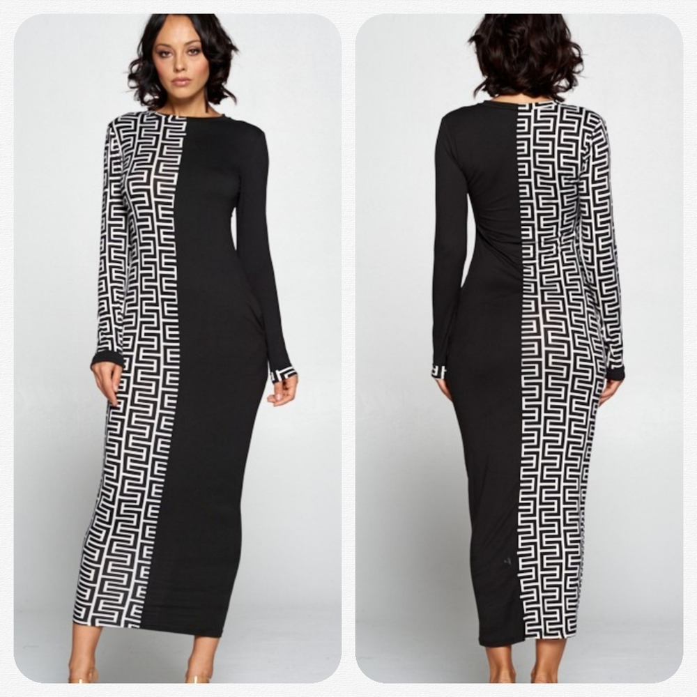 Simply Salted Black Solid w Geo Knit Dress